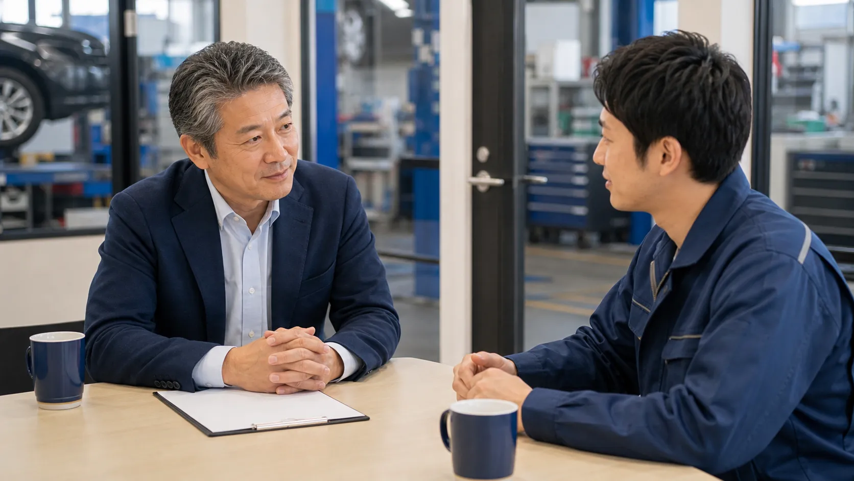 M&Aの失敗パターンと対策を整備士と確認し合うシーン