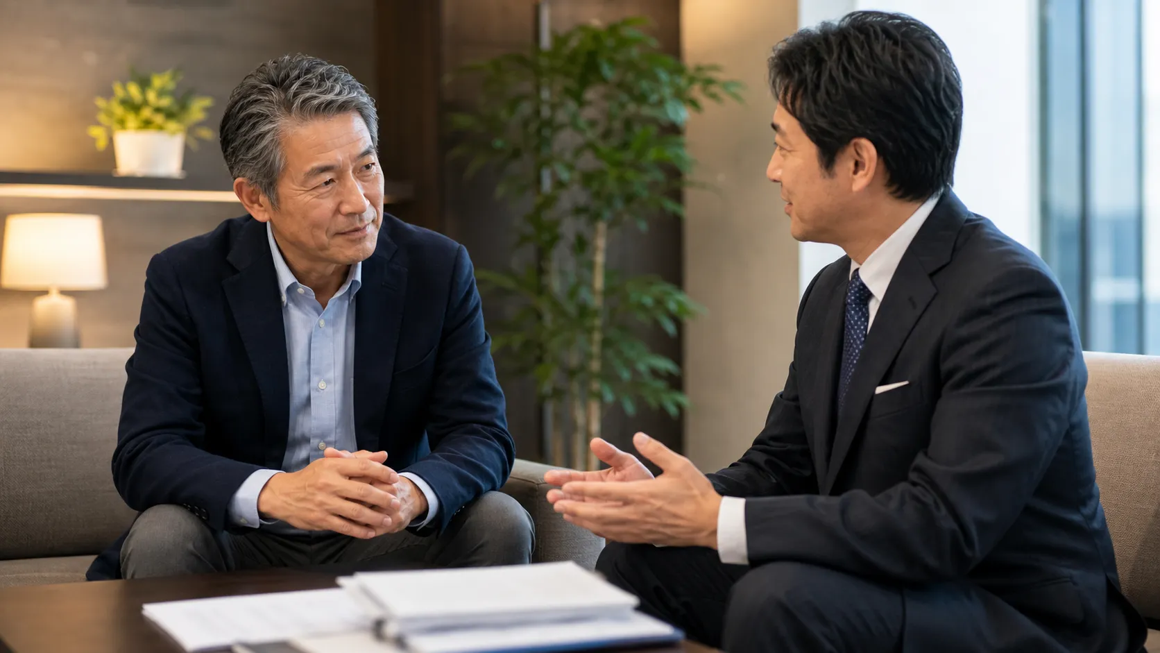 中立的な第三者に相談する整備工場経営者のシーン