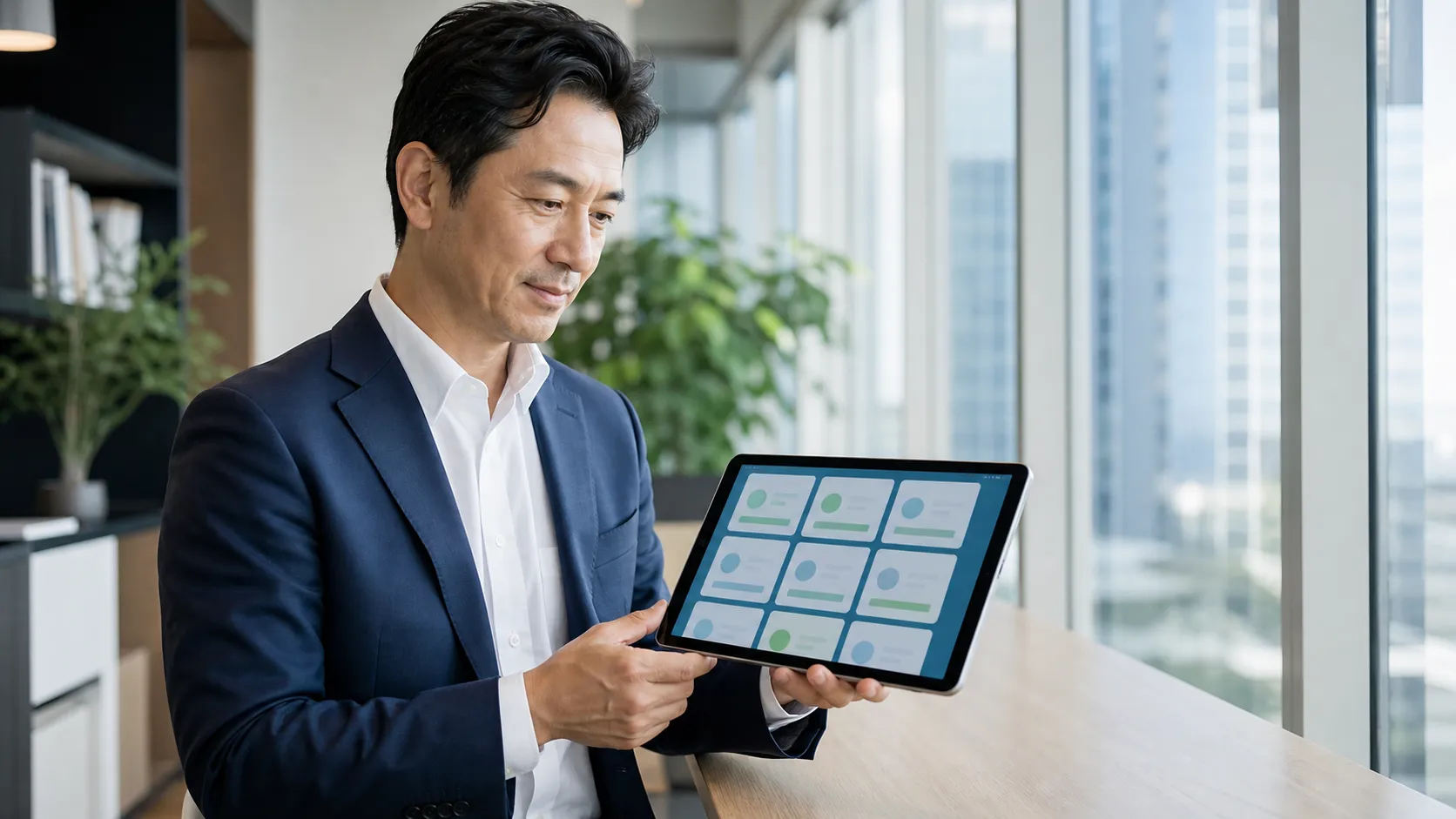 M&Aマッチングサイトの仕組みをタブレットで確認する経営者