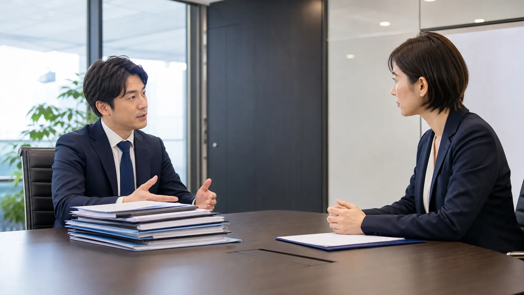 売り手と買い手の情報格差を象徴する経営者同士の対話シーン