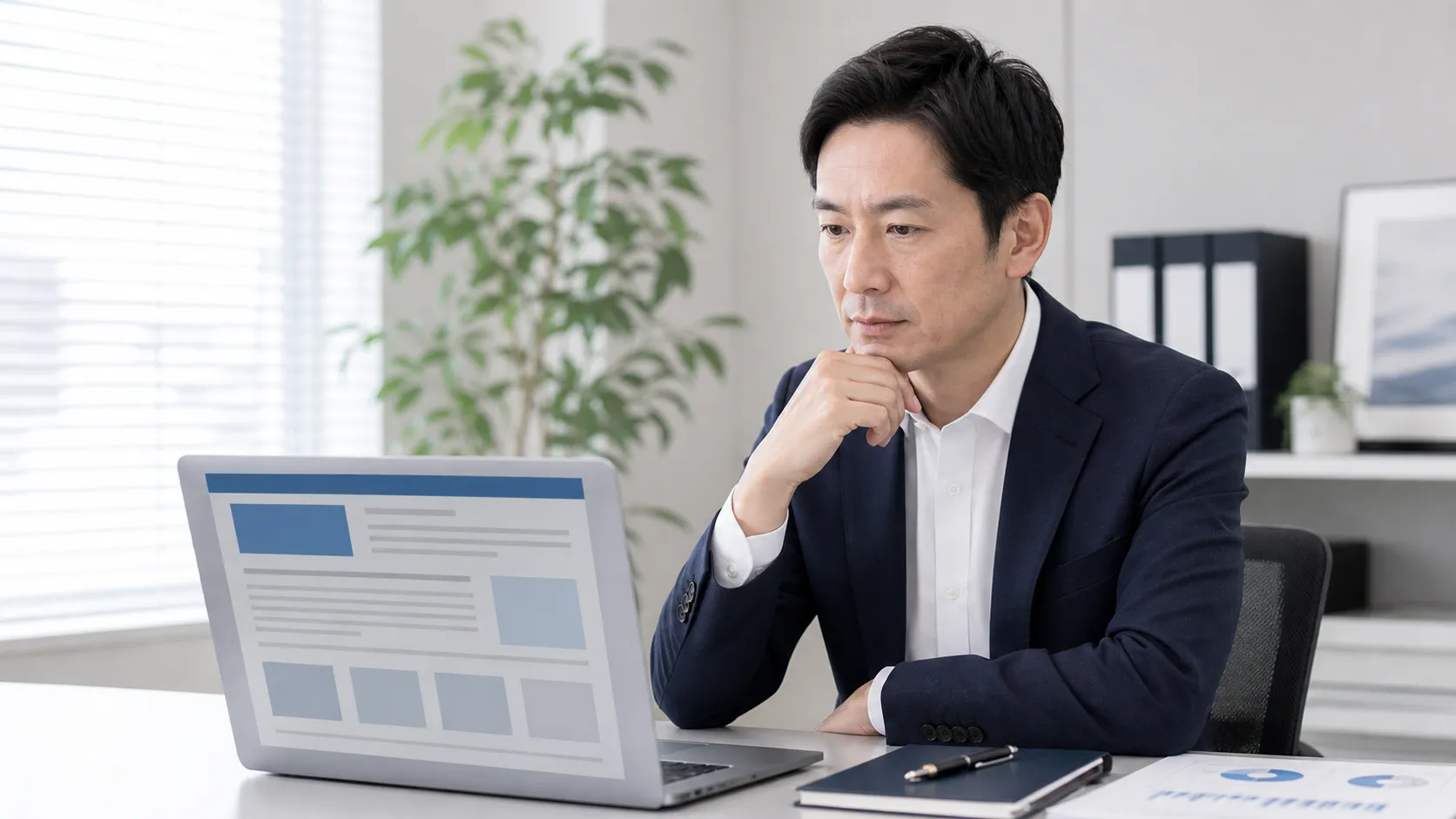 公的機関の注意喚起情報を確認する経営者の様子