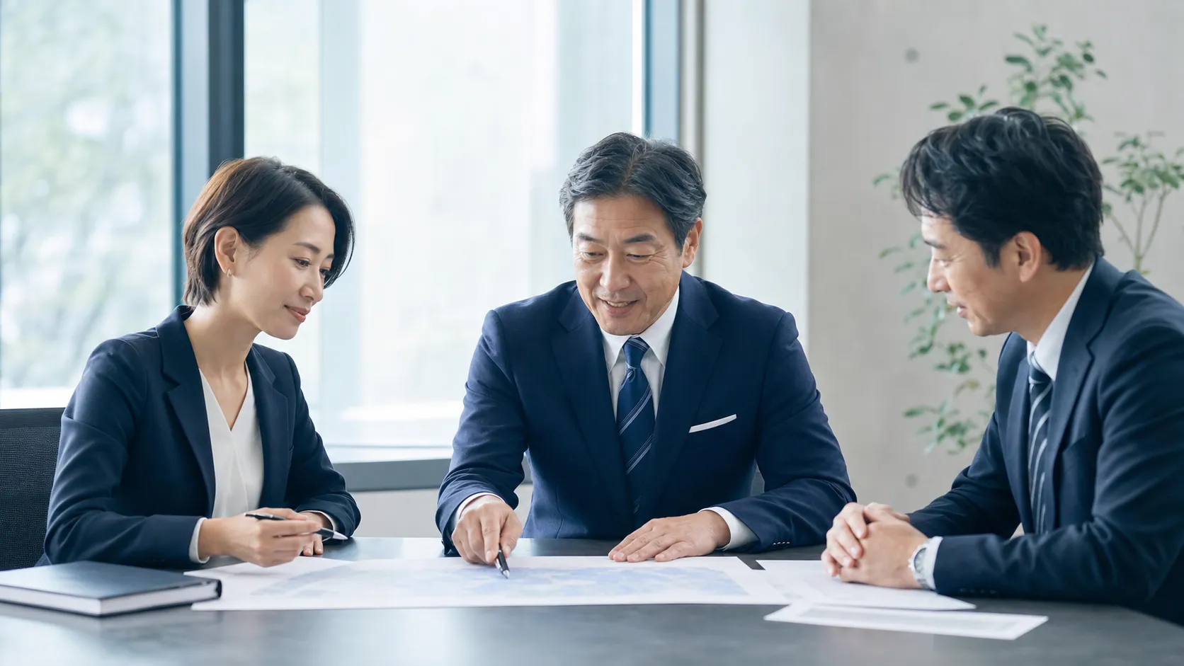 警備会社のM&A動向について話し合う経営者たち
