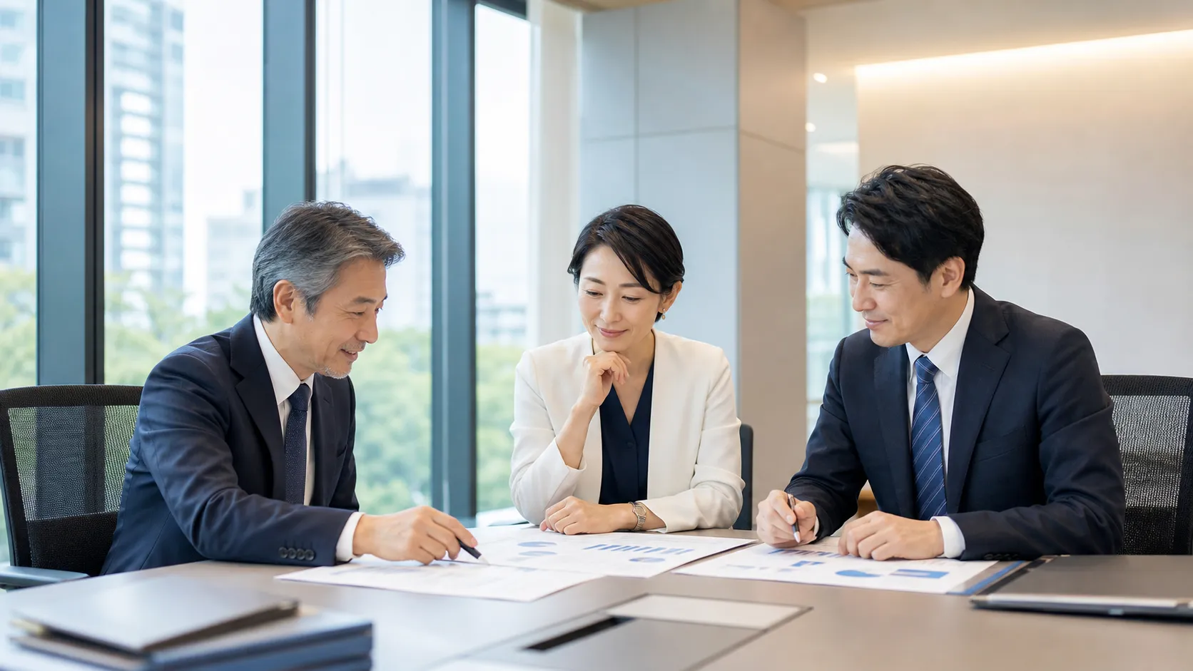 M&A市場の最新動向について資料をもとに話し合う様子
