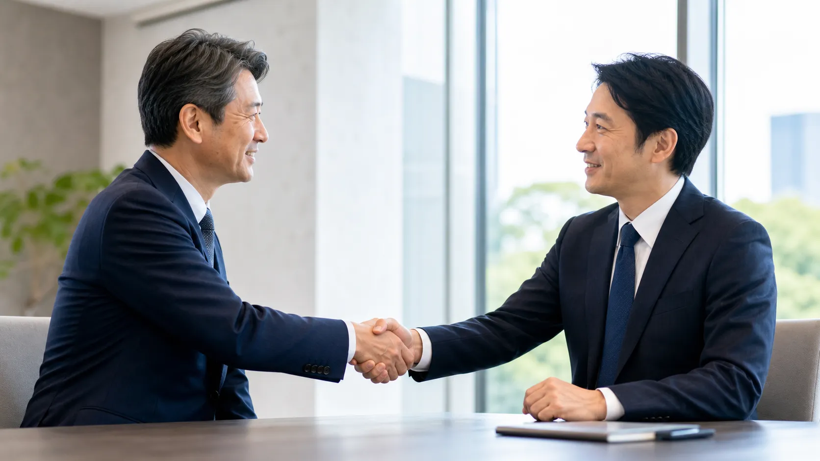 M&Aのメリットを確認し安心する経営者と専門家の握手
