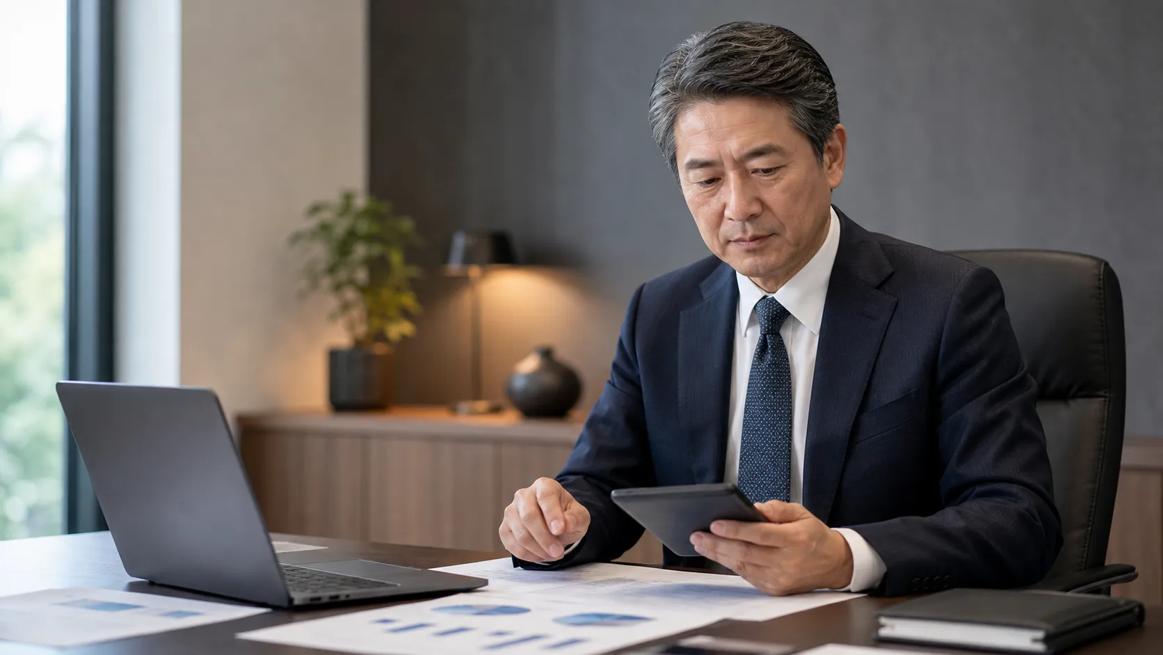 企業価値評価の資料を検討する経営者