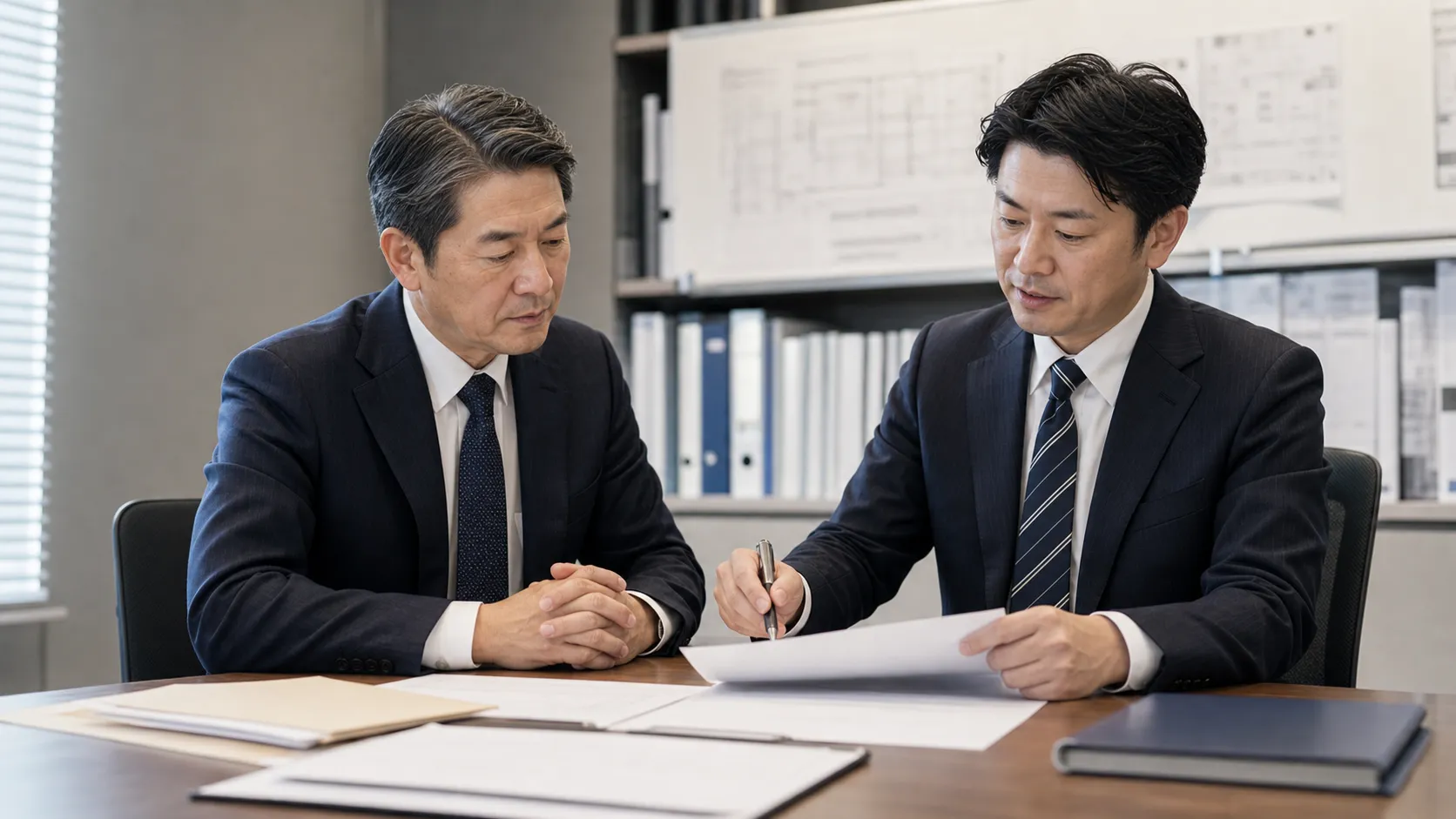 建設業許可・電気工事業登録の承継手続きを確認する経営者と専門家