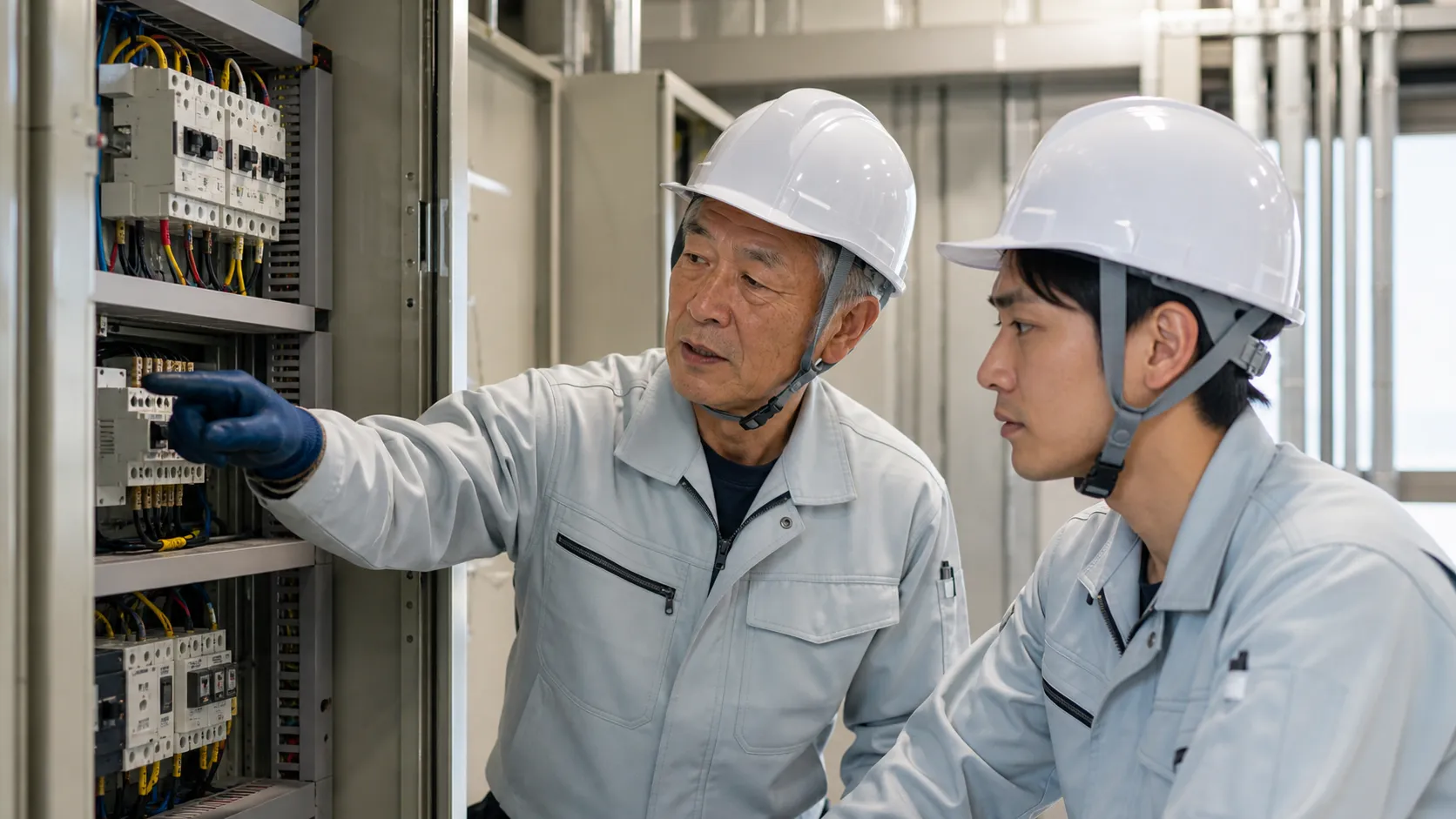 ベテラン電気工事士が若手技術者に技術を指導するシーン