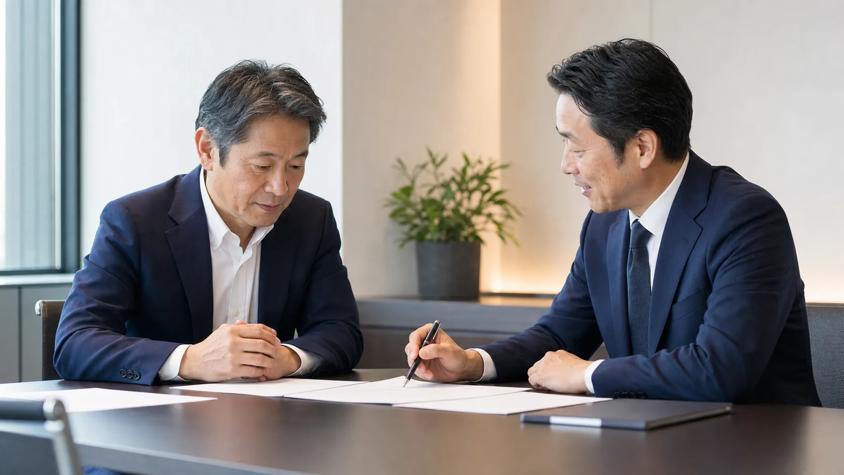 契約条項を専門家と一緒に確認する経営者