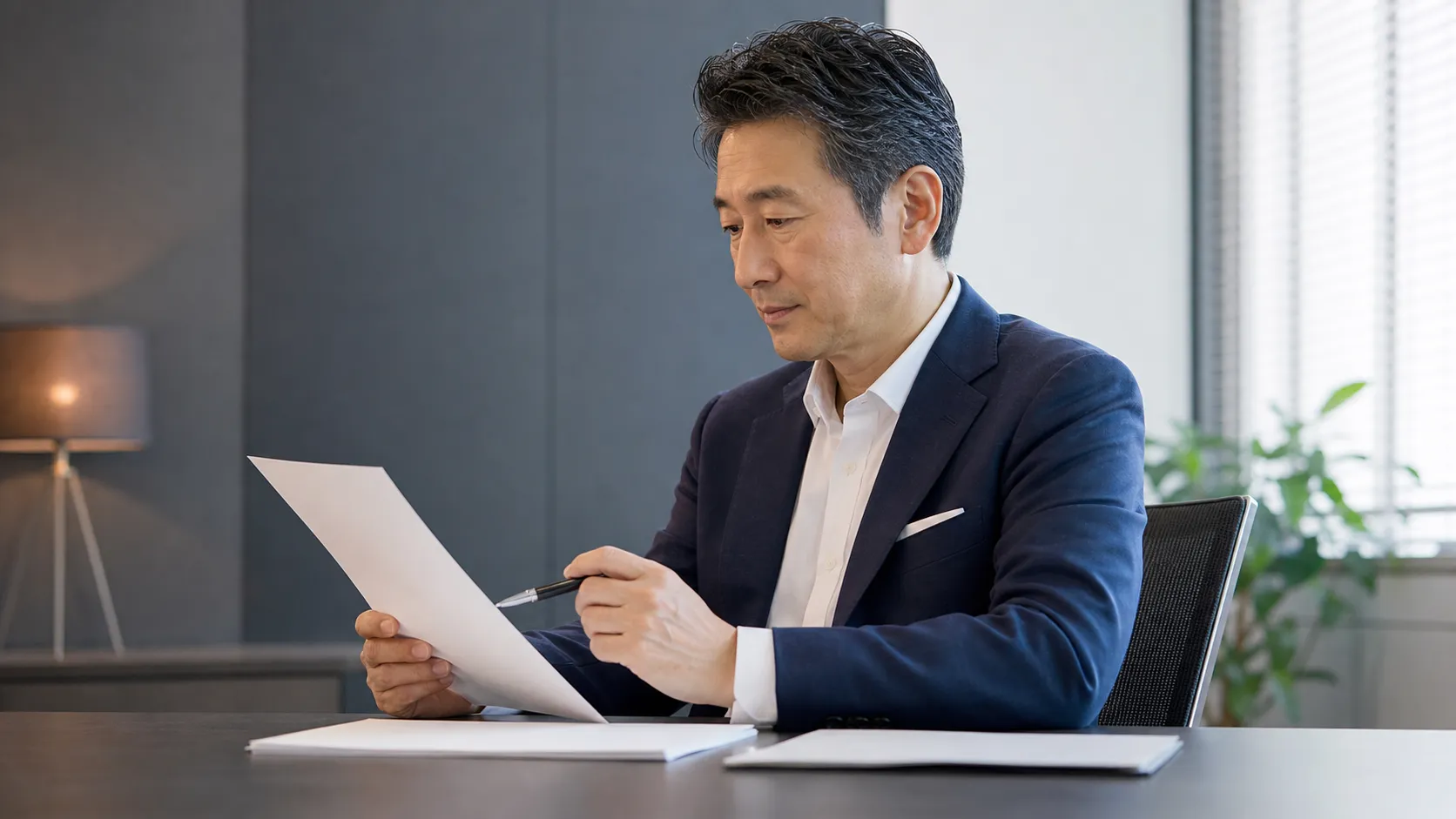 契約内容の見落としがないか書類を見直す経営者
