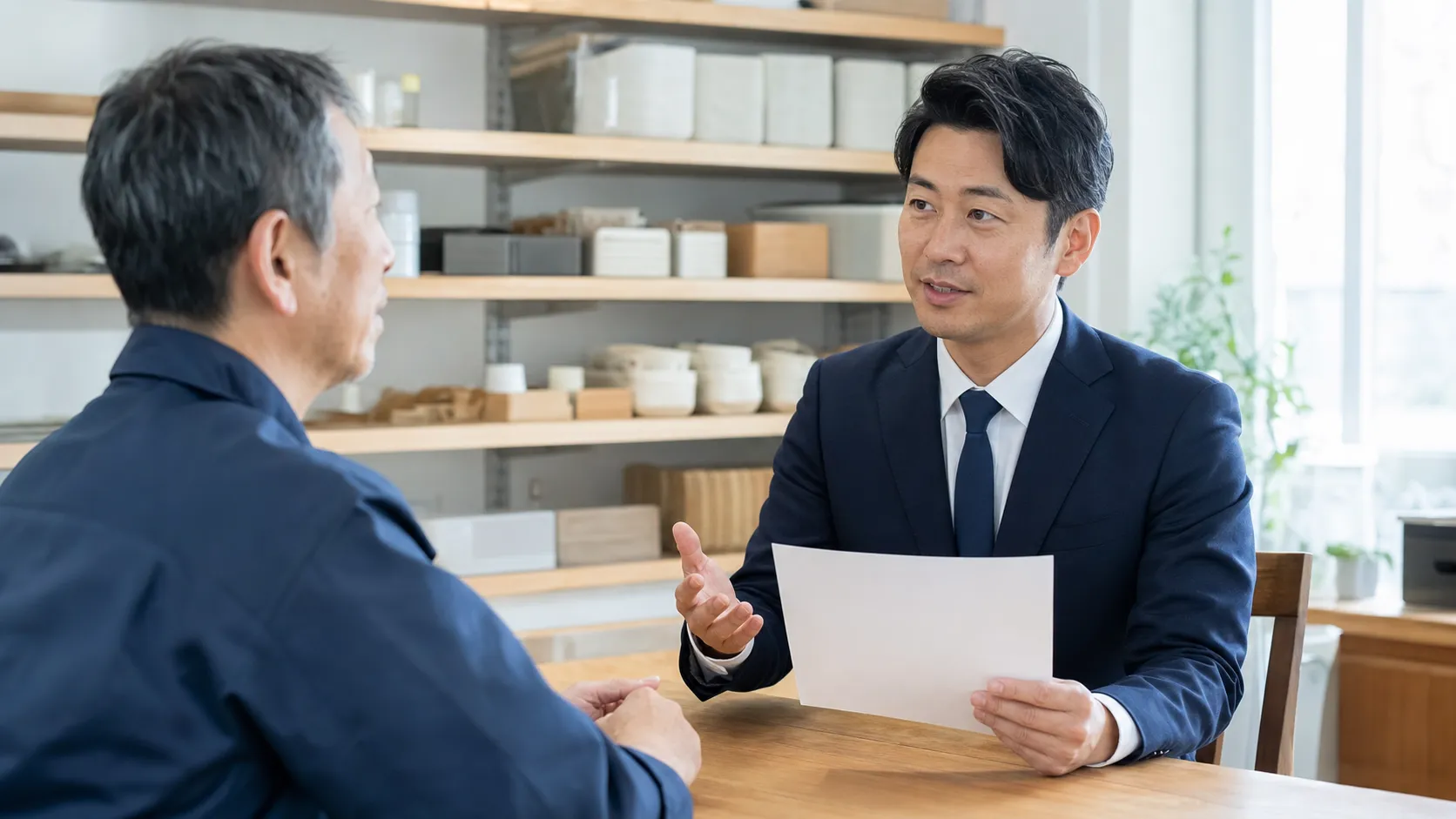 経営指導員による事業承継診断のヒアリングを受ける経営者