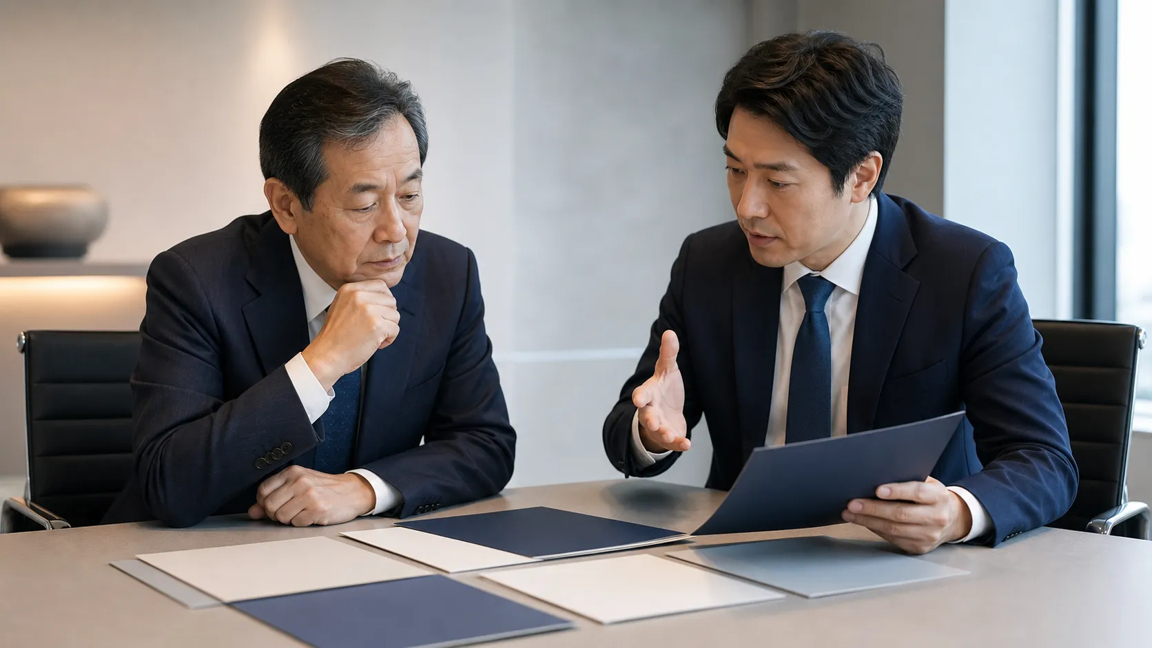M&Aのメリットとデメリットを比較検討する経営者と専門家