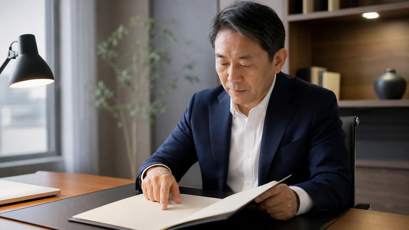 目的を見失わないよう慎重に資料を確認する経営者