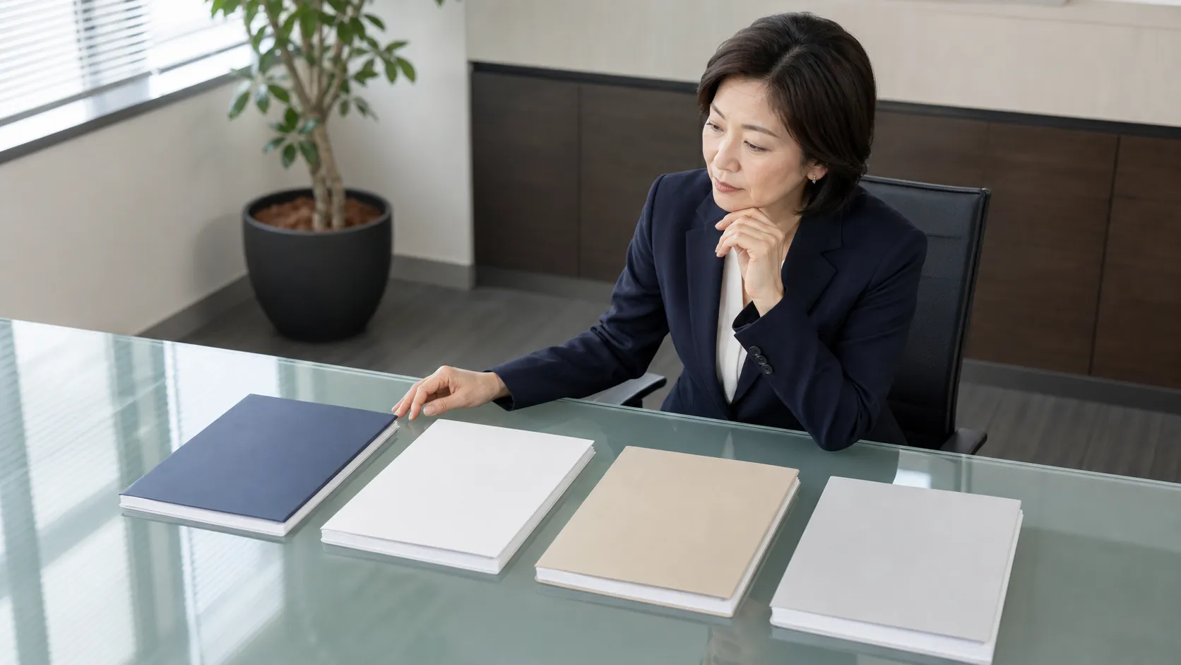 4つの支援策の資料を並べて比較検討する中小企業経営者