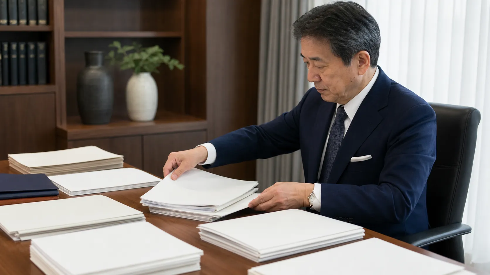 金融支援や遺留分の特例に関する複数の制度資料を整理する経営者