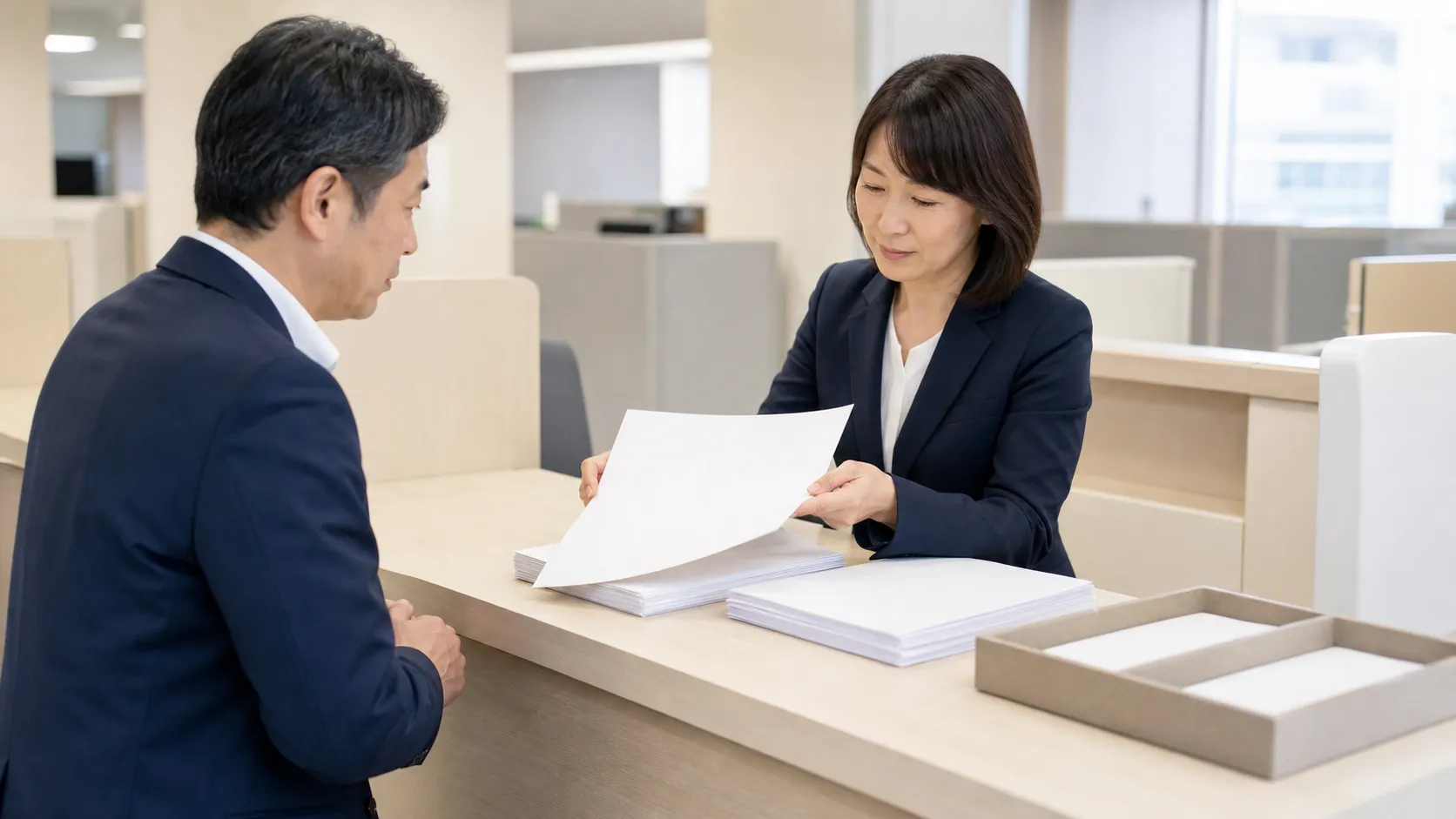 認定申請の必要書類を窓口担当者と確認する経営者