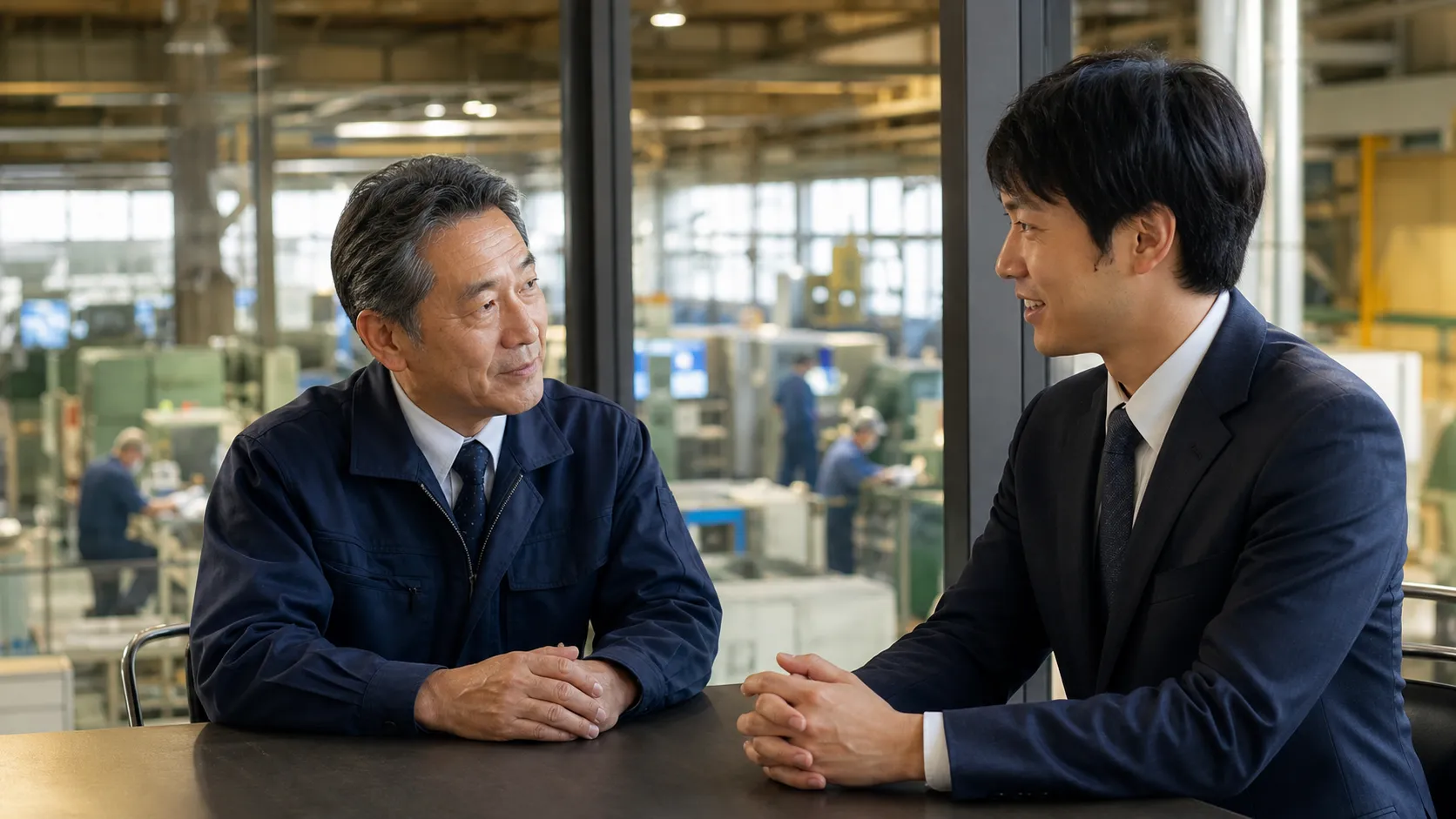 M&Aによる第三者への事業承継について若い後継者候補と話し合う経営者