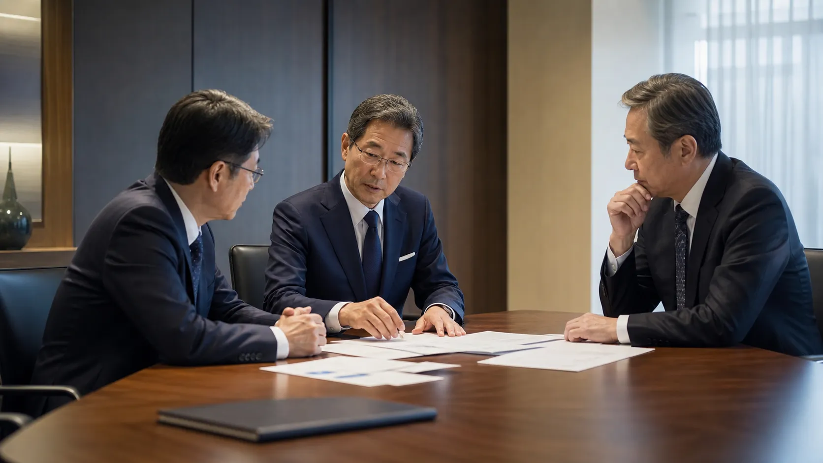 MBOのメリット・デメリットを検討する経営陣の会議シーン