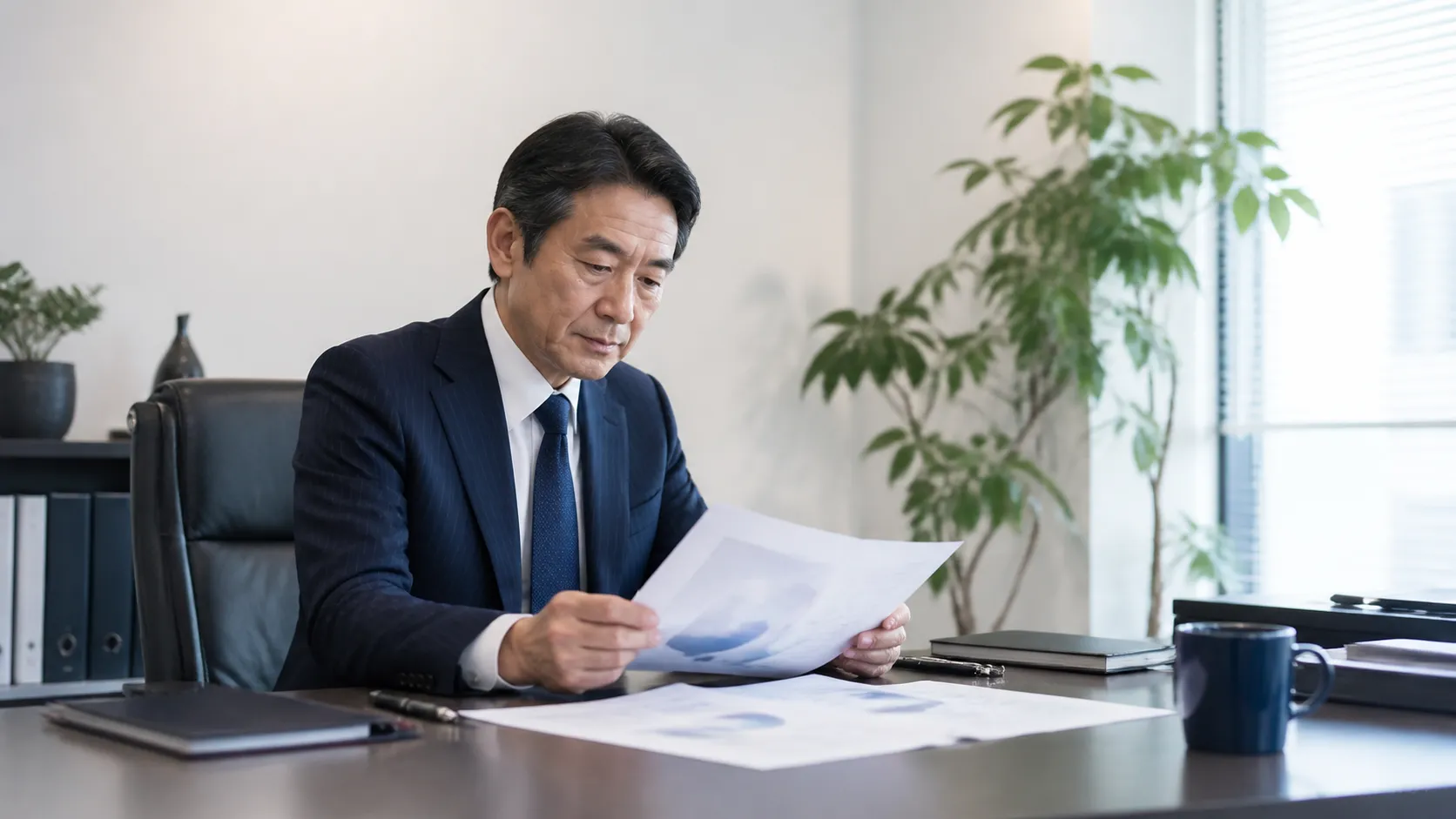 社長の平均年齢・引退年齢に関する統計データ資料を確認する経営者