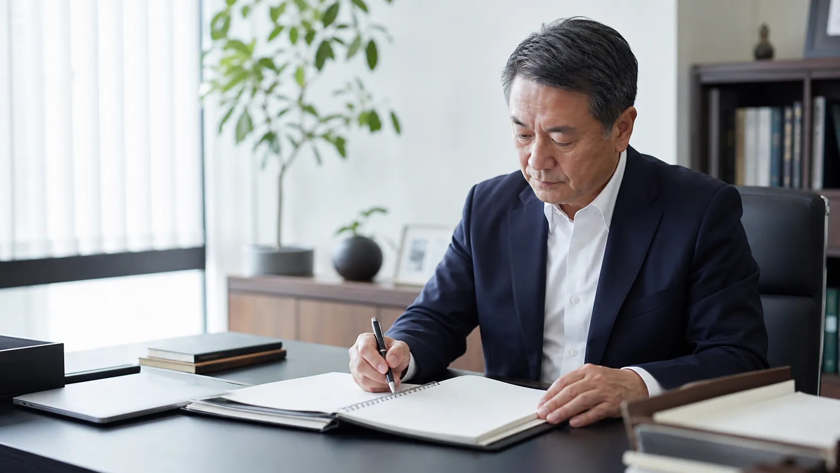 事業承継計画書の目的と位置づけを確認しながらノートに整理する経営者