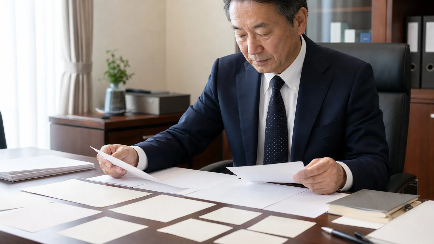 計画書に記載すべき項目を複数の資料で確認しながら整理する経営者