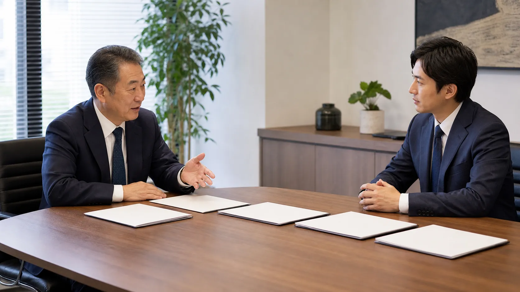 後継者候補と対話しながら計画書作成のステップを確認する経営者