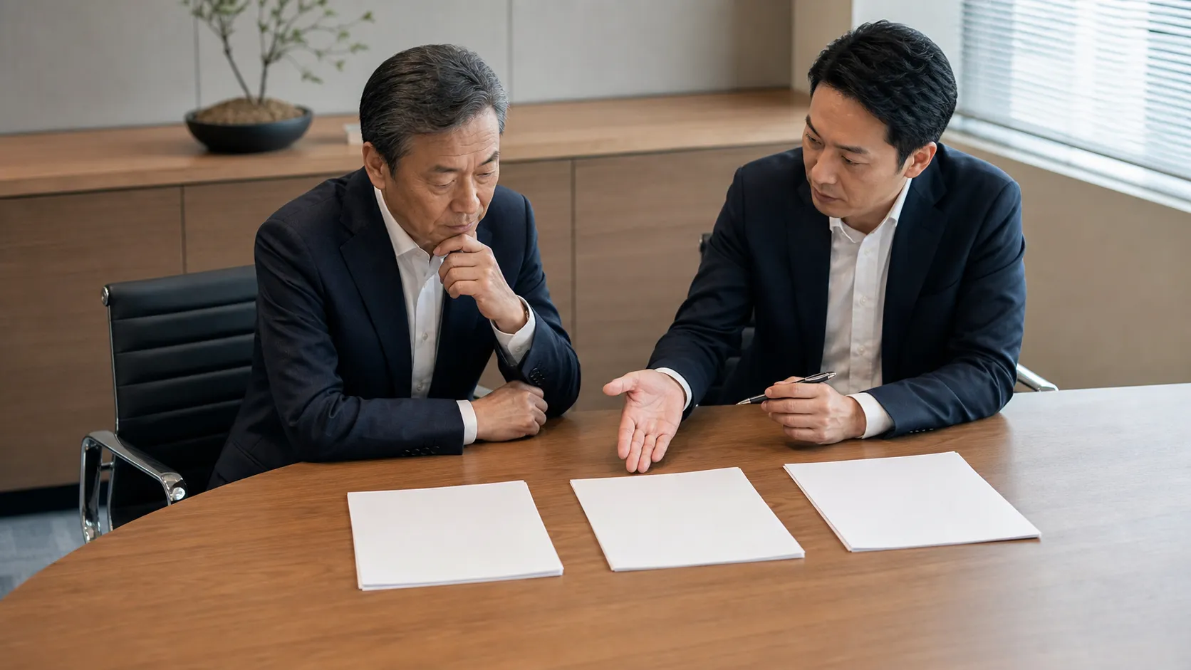 親族内・従業員・M&Aの承継方式を見比べながら検討する経営者と専門家