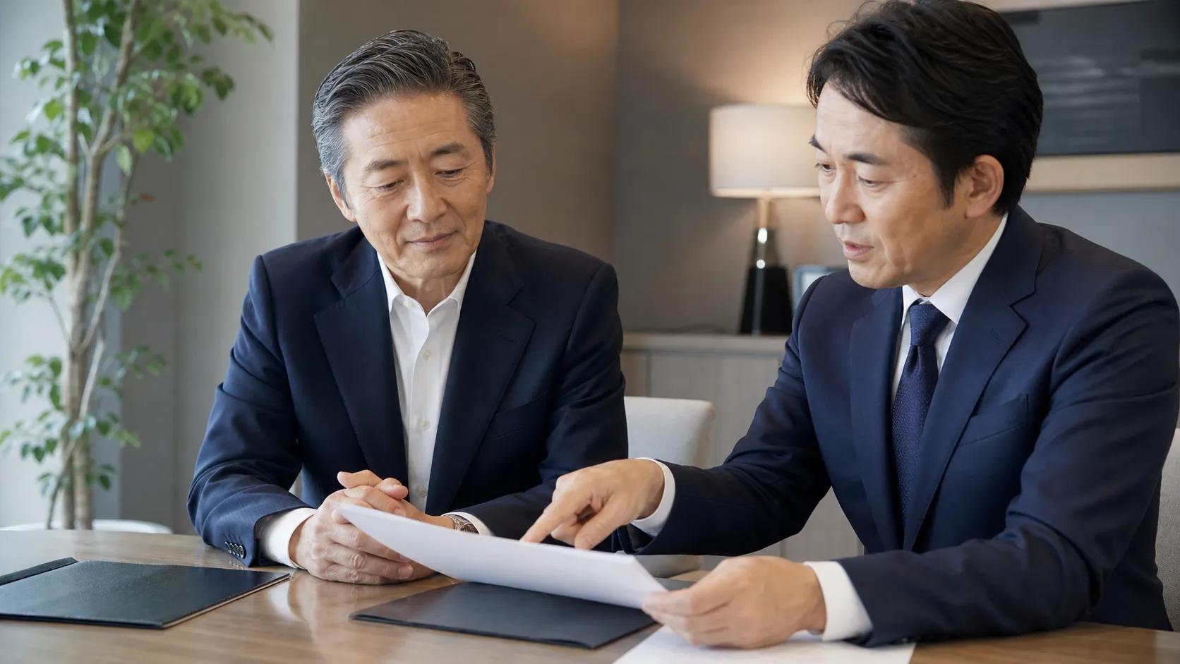専門家に相談しながら計画書の内容を慎重に確認する経営者