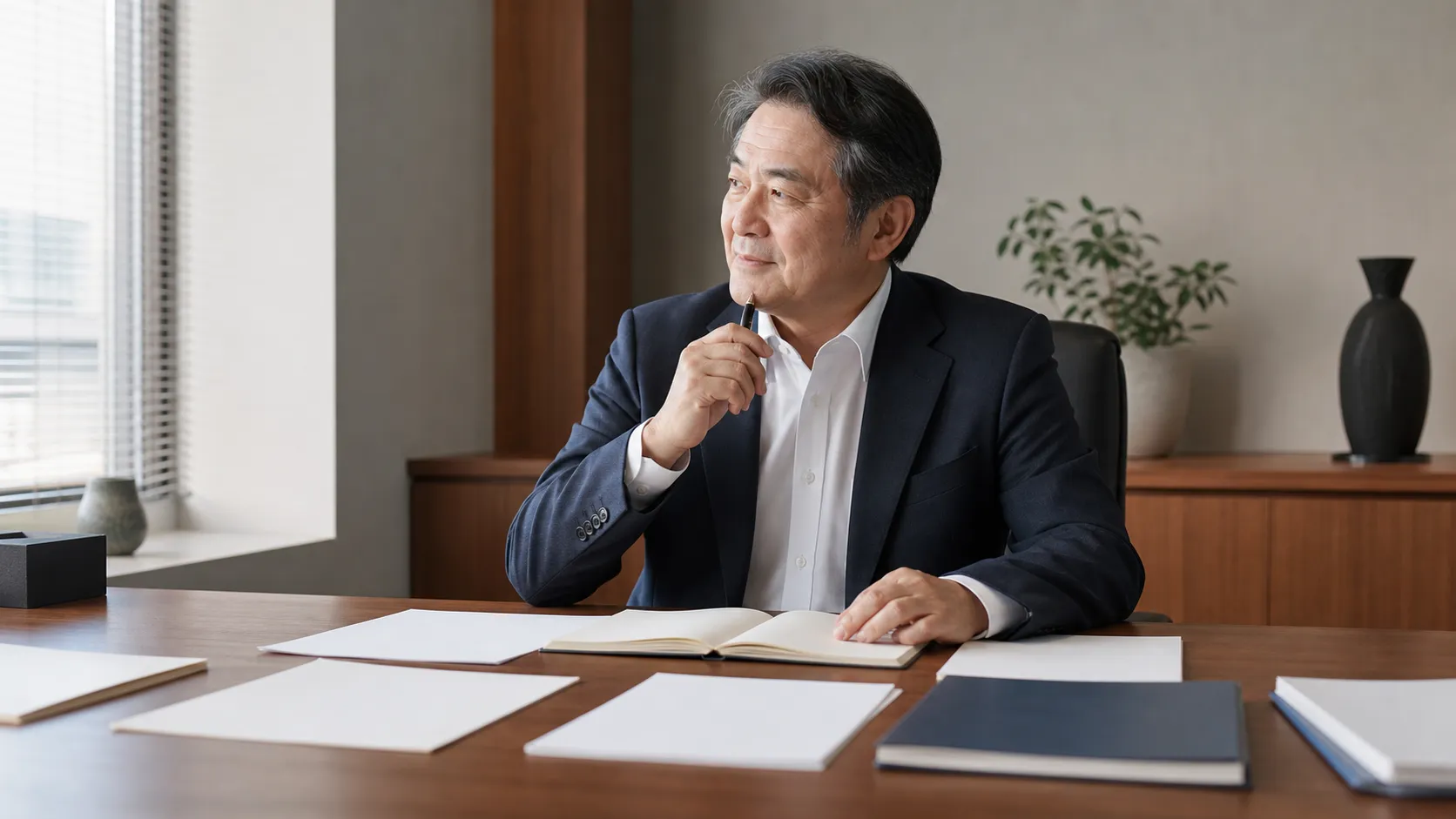 事業承継計画書を前に今後の進め方を落ち着いて整理する中小企業の経営者