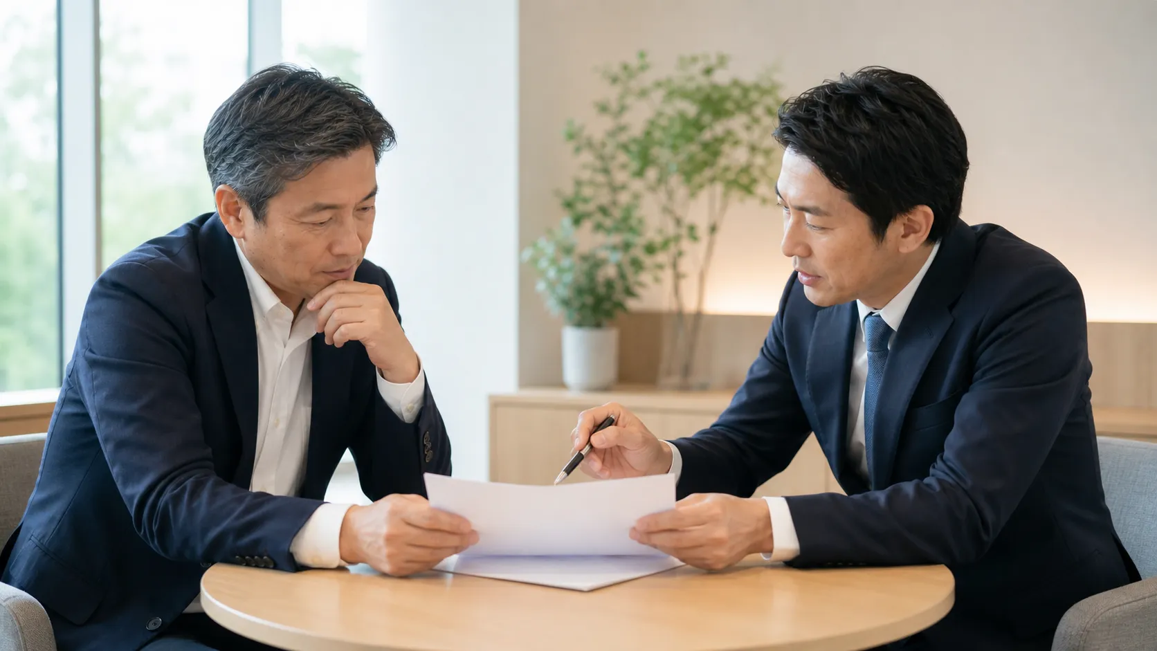 契約条件を慎重に確認する経営者と専門家