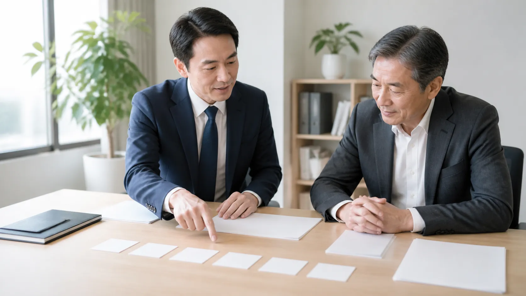 M&Aの進め方のステップを確認しながら打ち合わせをする様子