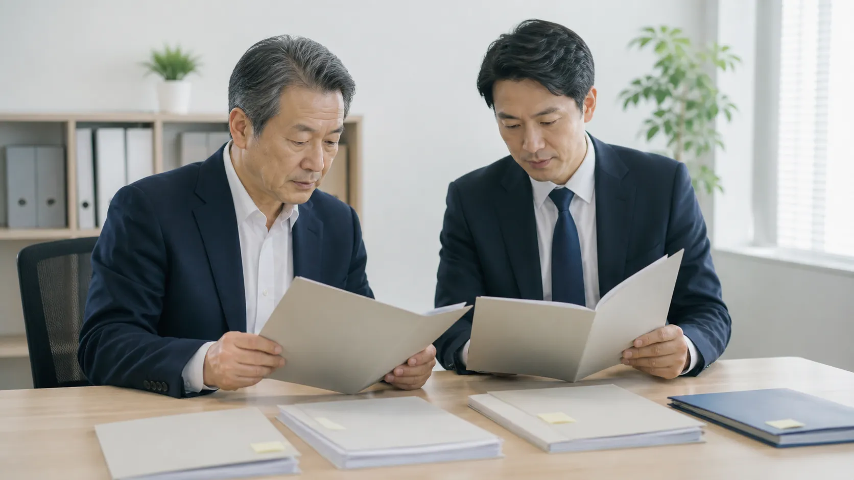 障害福祉サービスの指定承継手続きの書類を確認する様子