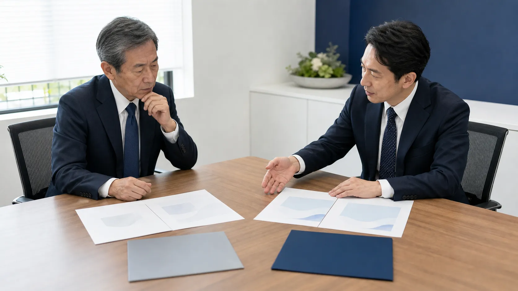 ガソリンスタンドM&Aの手法（株式譲渡・事業譲渡）を比較検討するシーン