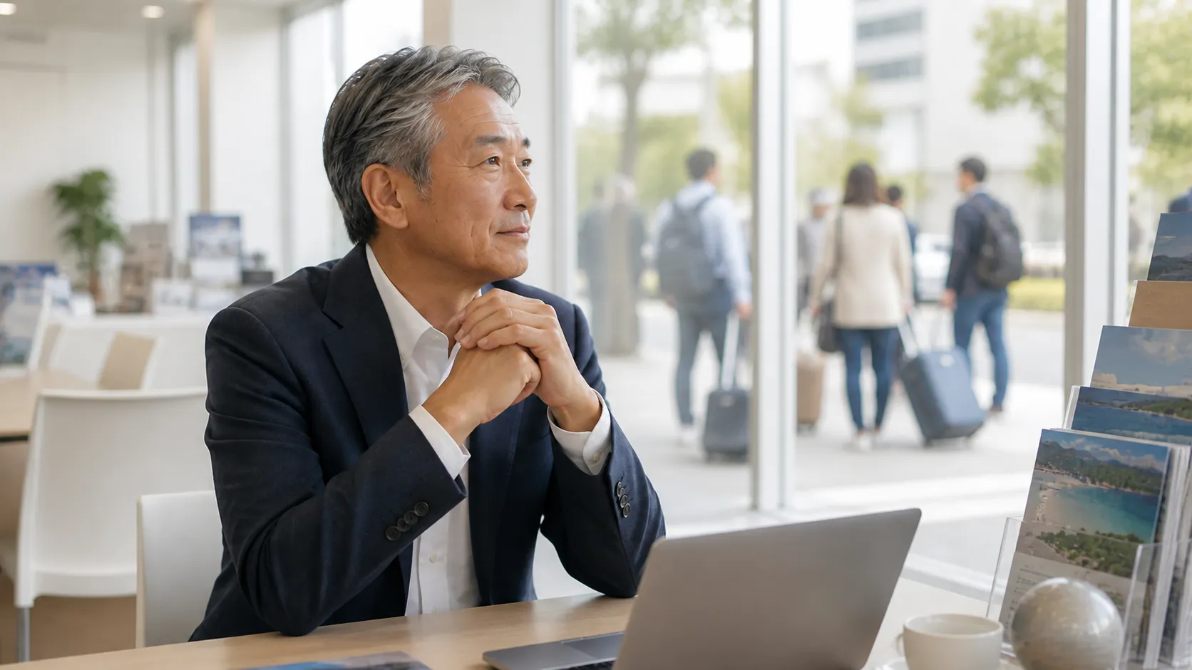 旅行会社のM&Aについて経営者が今後の方向性を考えているイメージ